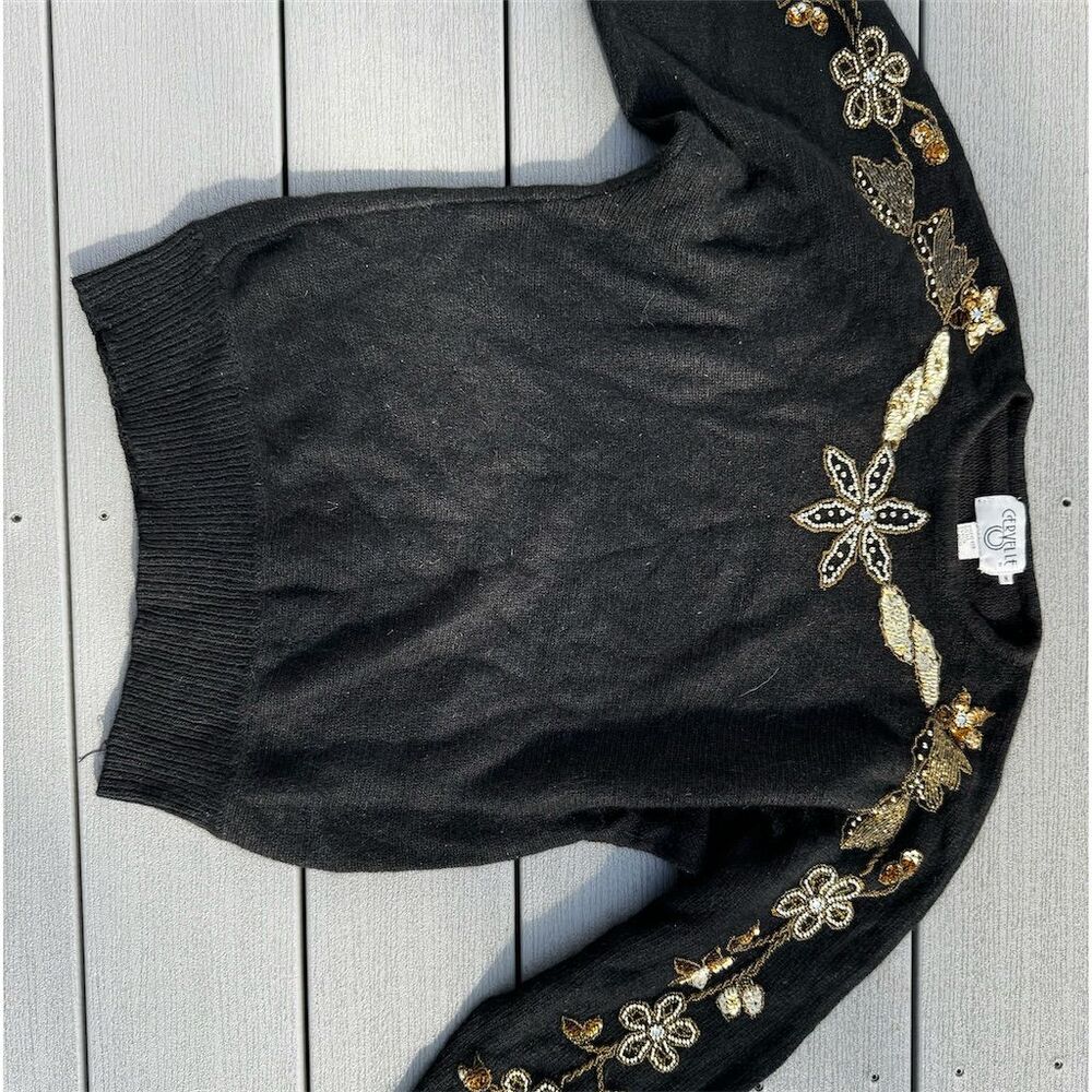 Vintage Cervelle Women's M Black Floral Beaded Sequin Pullover Sweater